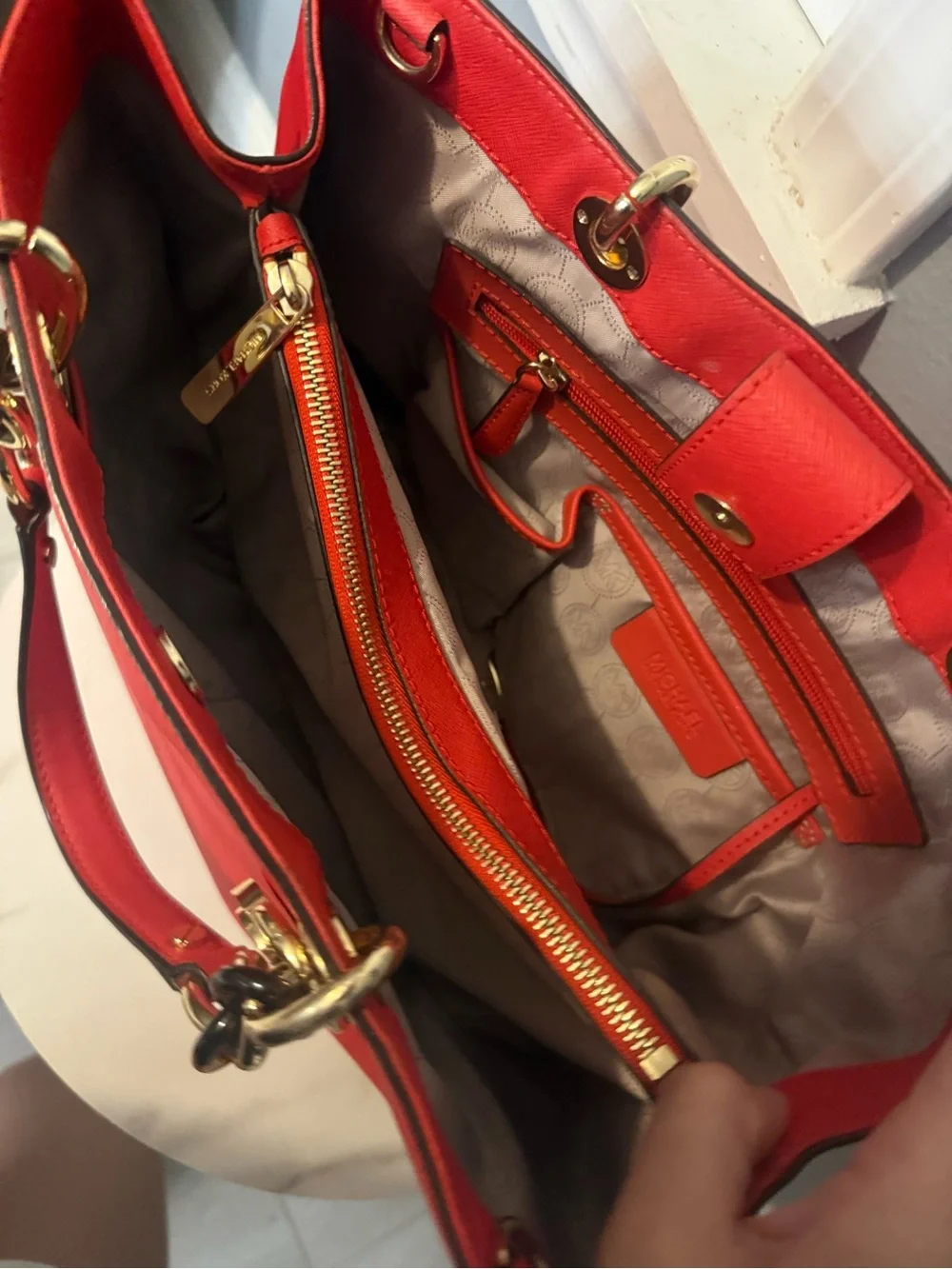 Michael Kors Red Saffiano Tote with Gold Chain Handles - Picture 8 of 12